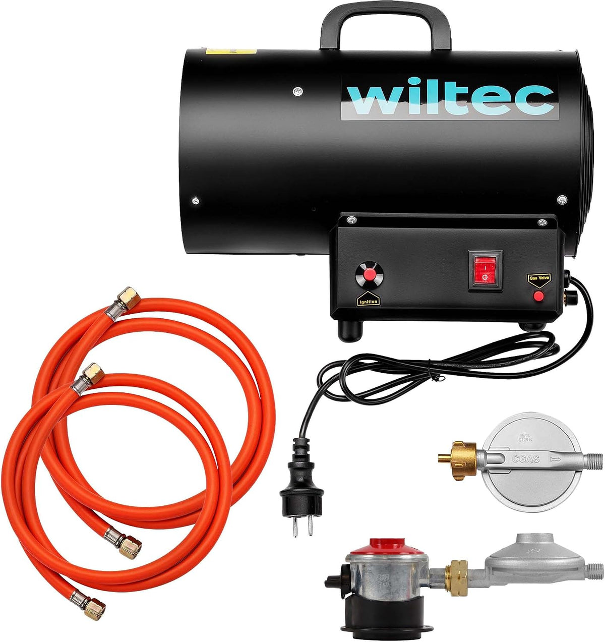 Elektrische kachel WilTec set heteluchtkanon op gas 15 kW, drukregelaar 700 mbar, voor gasflessen en 1,5 meter lange gasslang, geschikt, voor Spanje