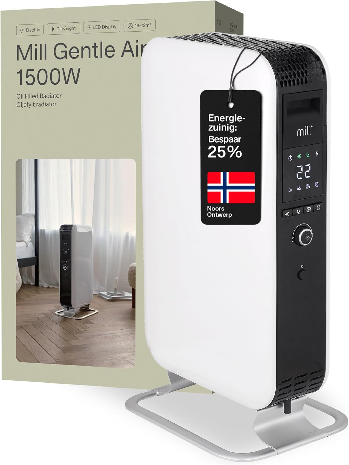 Elektrische kachel Mill olieradiator 1500W - stille, tot 22 m2 - elektrische kachel, veilige en energiezuinige elektrische verwarming, oil radiator