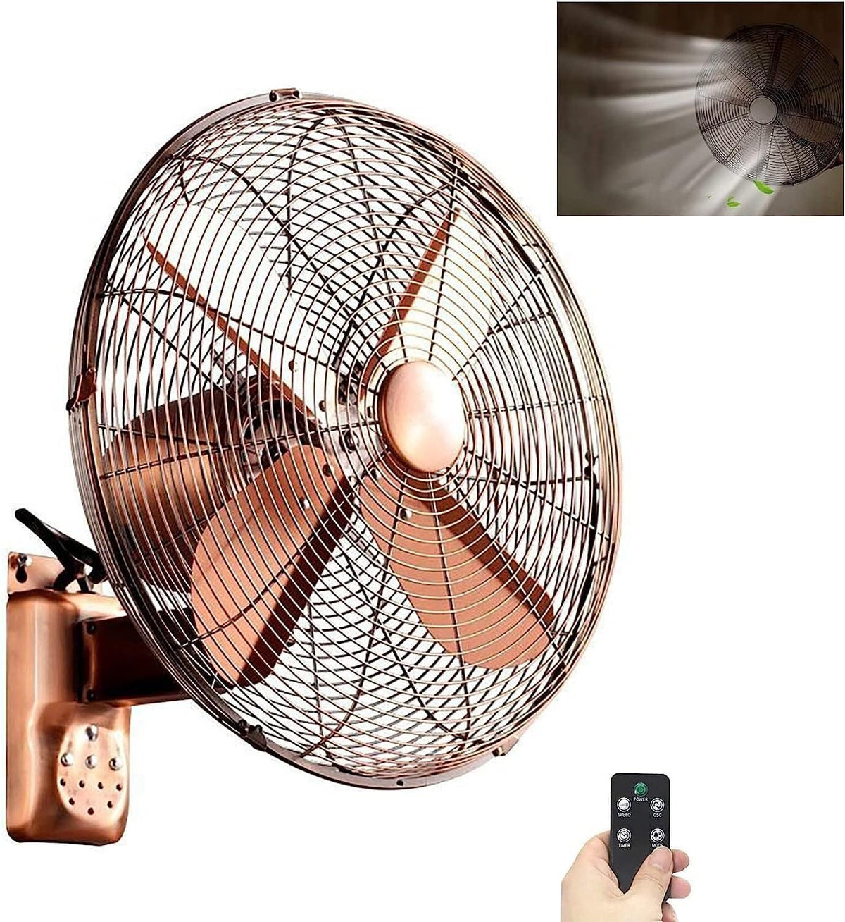 BeNsil Ventilator Wandventilator, 90 graden oscillerende ventilator, met afstandsbediening, retro ventilator van metaal, buitenventilator, voor terras