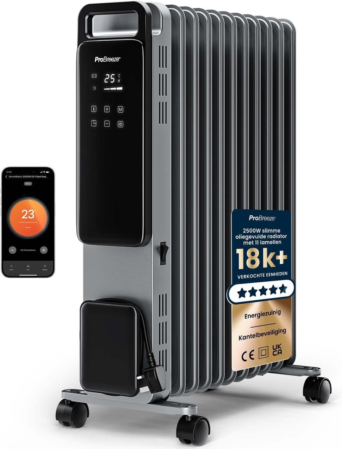Pro Breeze Elektrische kachel 2500 W olieradiator, 24-uurs timer, met 11 lamellen, 3 warmtestanden, wifi, slimme verwarming, instelbare thermostaat
