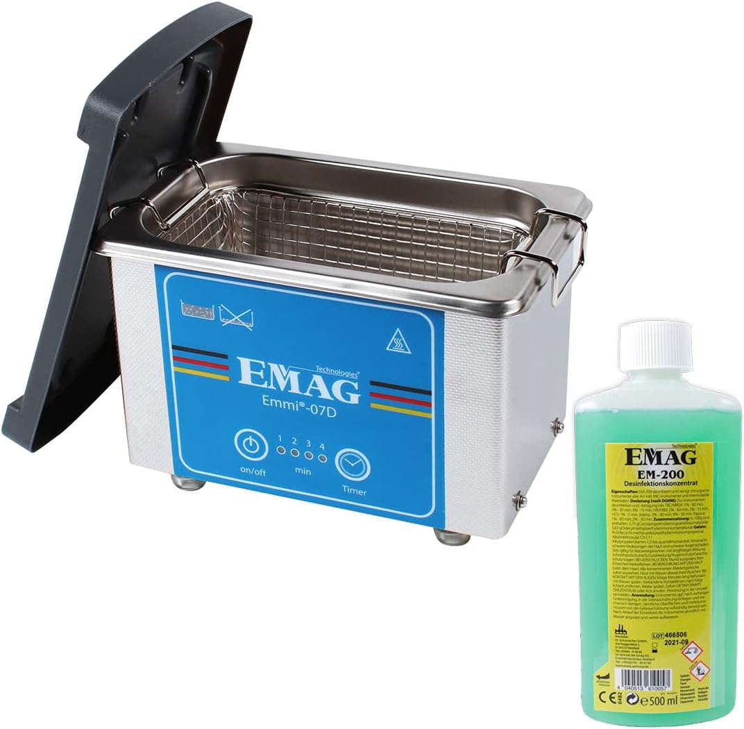 Emmi Ultrasone reinigingsoplossing ® 07D desinfectieset, 500 ml, 500 ml ultrasoonbadreiniger 45 kHz, 1 x EM-200 desinfectiereiniger, voor brillen
