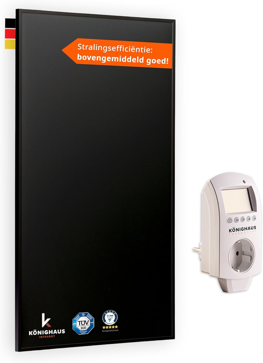 Könighaus Elektrische kachel infraroodverwarming zwart Edition - 800 Watt - thermostaat