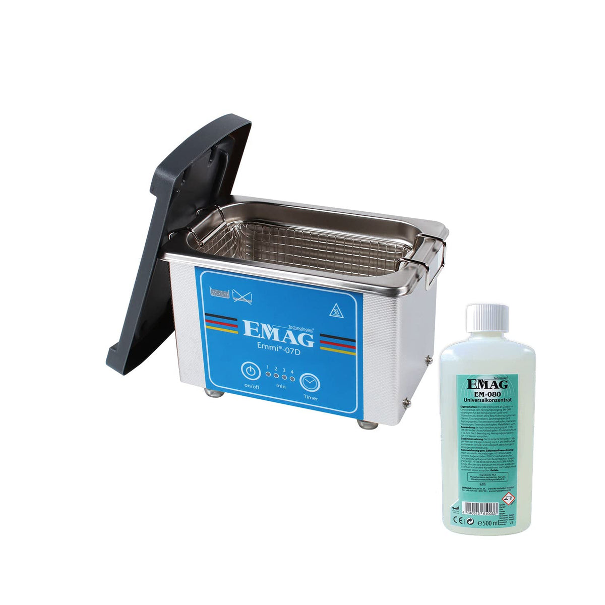 Emmi Reiniging ® 07D ultrasone universele set, incl. 1x EM-080 universele reiniger - 500 ml, 500 ml ultrasoon bad cleaner 45 kHz, voor brillen