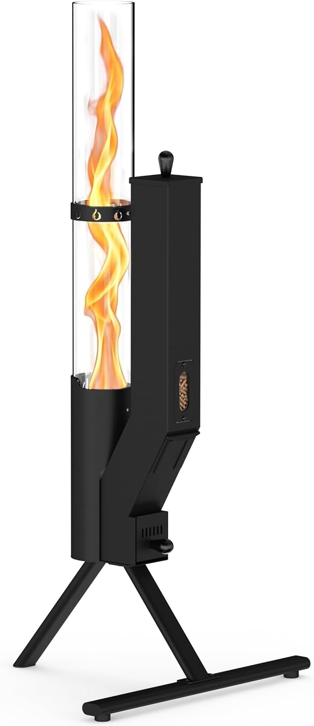 onlyfire Elektrische kachel Pelletskachel, Hoogte 110cm, voor Buiten, met Zichtbaar Brandstofreservoir, Terrasverwarmer van Glas en Staal