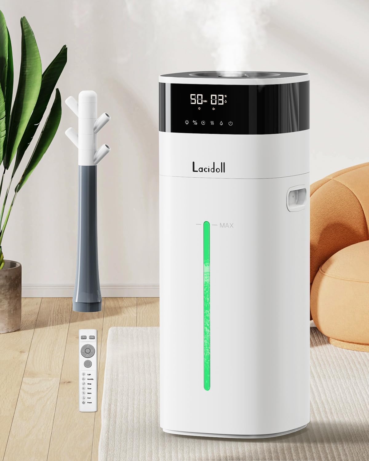 Lacidoll Luchtbevochtiger, 20 l, 3000 m2, voor grote ruimte, met koude en warme mist, voor thuis, voor het hele huis, met diffuser en verlengde buis