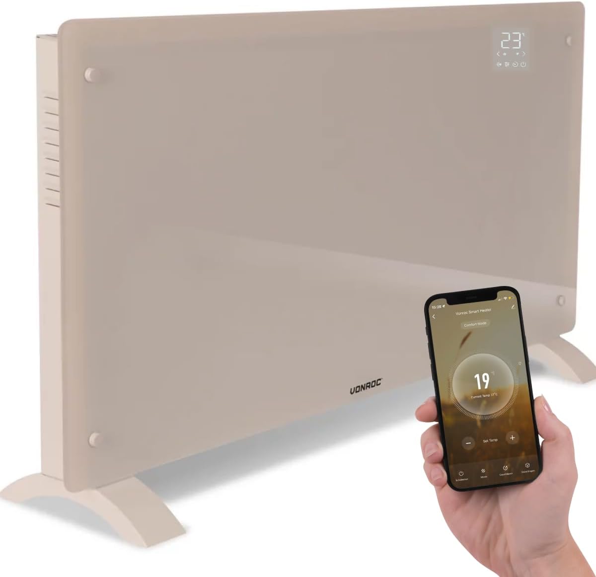 Vonroc Elektrische kachel Luxe, met glazen paneel – 1250W/2500W, Verwarmt ruimtes tot 30m2, met app (via Wifi) als handmatig, Beige, Convectorkachel