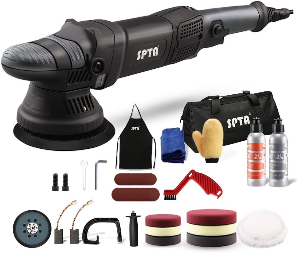 SPTA Polijstmachine Excentrische, SPTA 900W Auto Roterende Poetsmachine Polijstset 6 Variabele Snelheden, met 125mm en 150mm Polijstpads