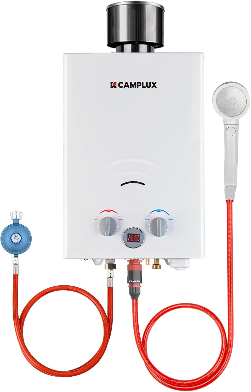 Camplux Waterboiler BW158C Tankless LPG doorstroomboiler op gas, 6 l, 12 kW, 50 mbar, met regenhoes, draagbare boiler, voor camping, paardendouche