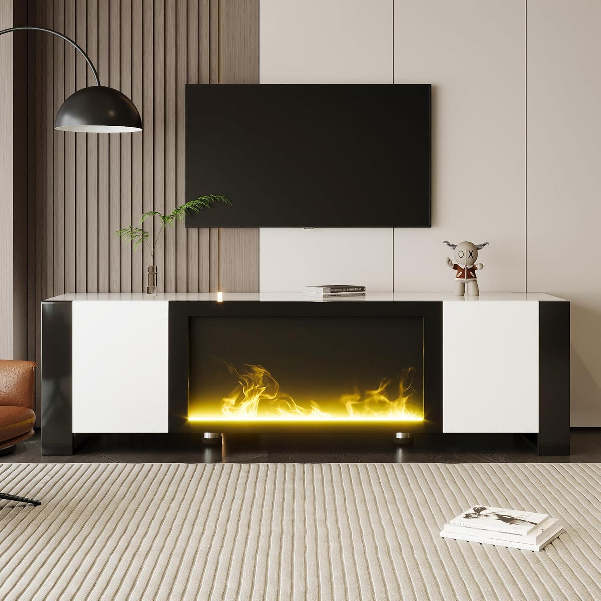 Kazzio Elektrische haard TV-kast, lowboard, met elektrische open haard vlameffect, geen verwarmingsfunctie, hoogglans, qua kleur bijpassende tv-kast
