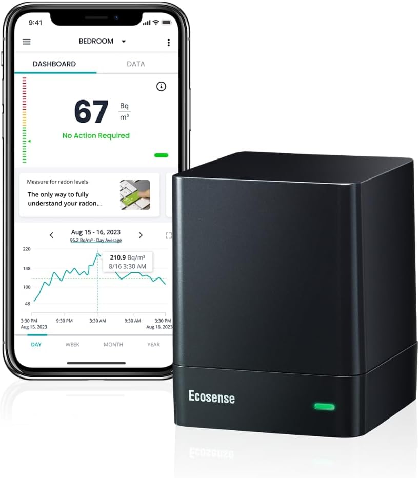 Gasdetector Ecosense Inc. Ecosense EQ100 EcoQube, Fi 2,4 GHz alleen netwerken, digitale radondetector, snelle detectie van schommelende niveaus
