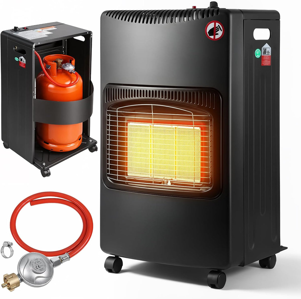 Izrielar Elektrische kachel Keramische gaskachel, 4200 W, met 3 beschermingsvoorzieningen, nkl. gasdrukregelaar, gasslang + beschermhoes