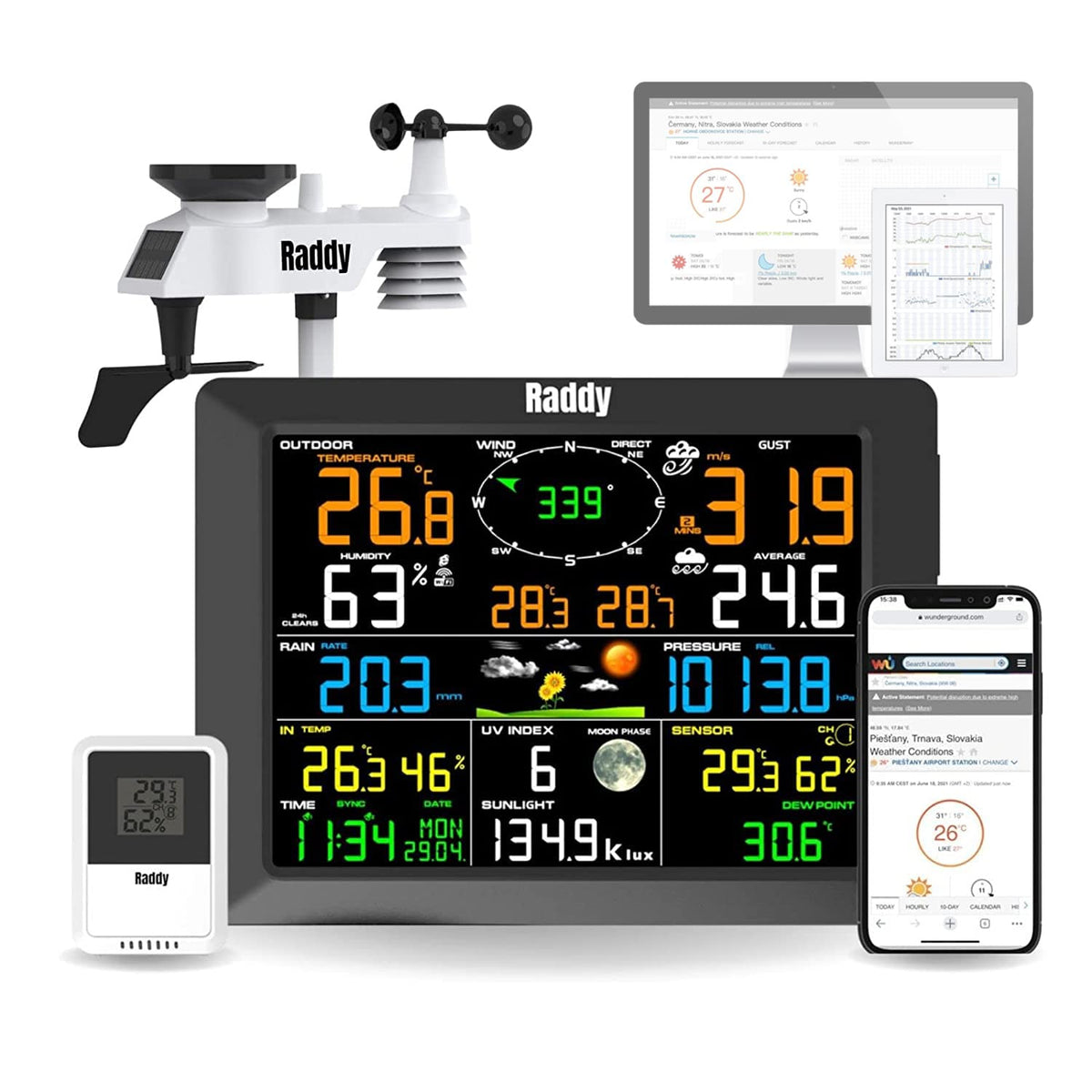 Radioddity Weerstations Raddy WF-100C Weerstation, 14-in-1 wifi-binnen-buitenthermometer, met 10 inch digitaal kleurendisplay, met buitensensor radio