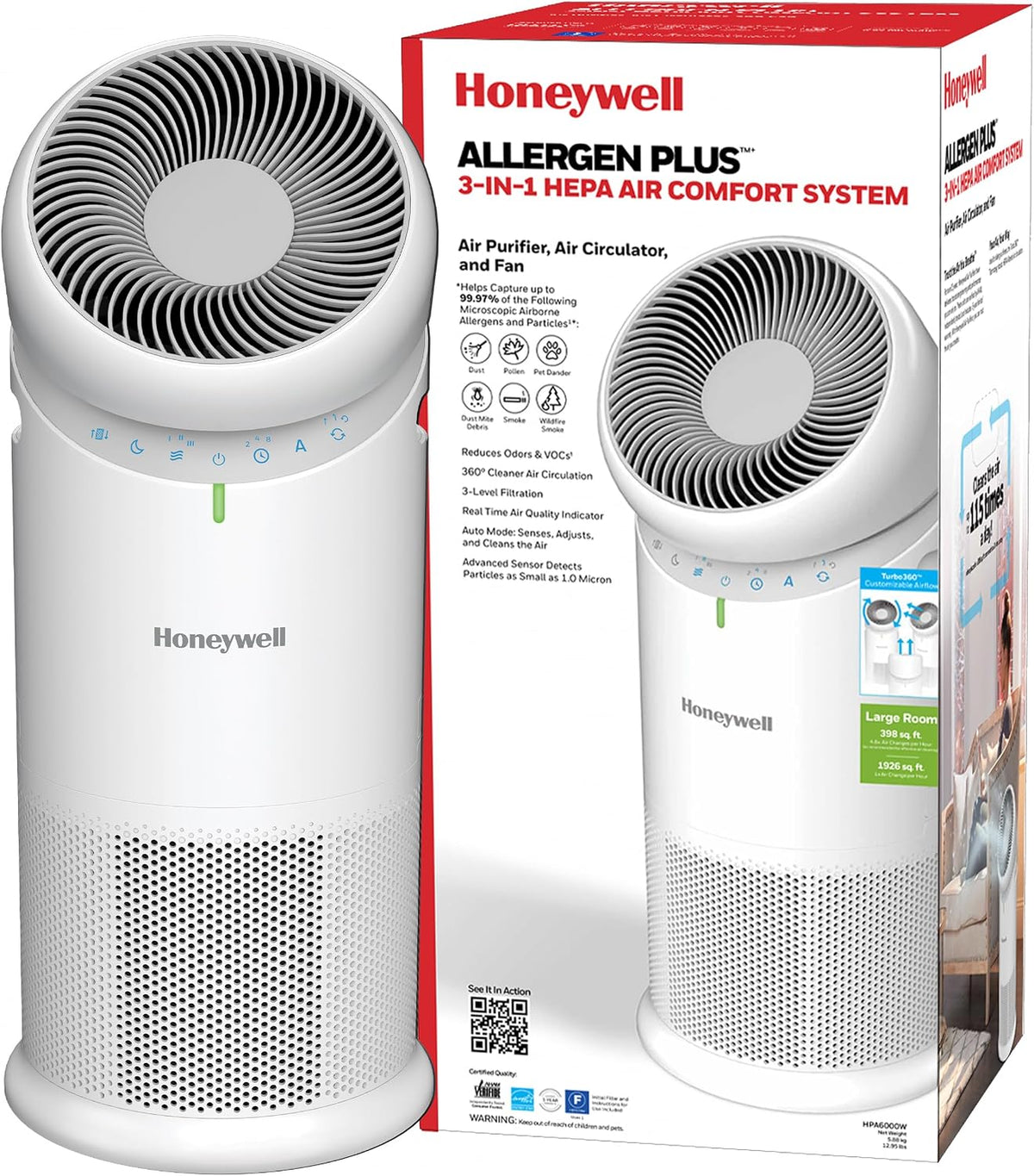 Luchtreiniger Honeywell Allergen Plus HPA6000 3-in-1 HEPA-, met 30°, 90° of 360° circulatie, voor grote ruimtes tot 1928 m2, luchtkwaliteitssensor
