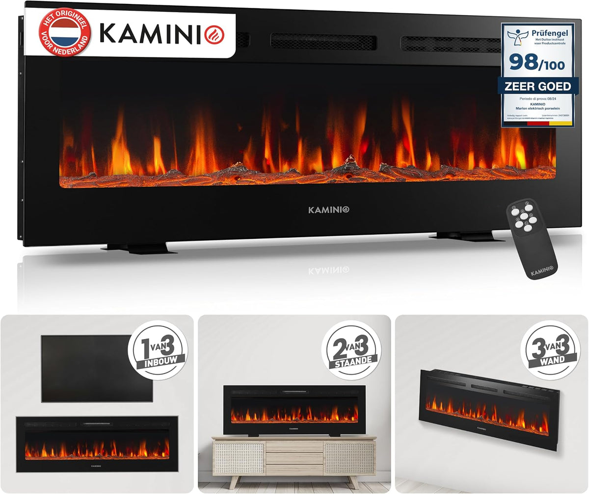 Kaminio Elektrische haard Marlon, afstandsbediening (50 inch), Elektrische 3-in-1 haard, 3D-vlameffect, 12 vlamkleuren, met verwarming