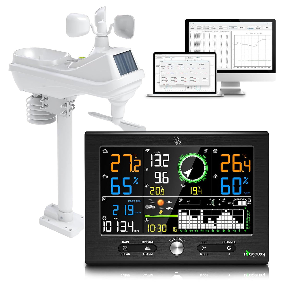Urageuxy Weerstations 7-in-1 professioneel weerstation, 7,6 inch display, 150 meter bereik, met regenmeter en windmeter, radio, met buitensensor
