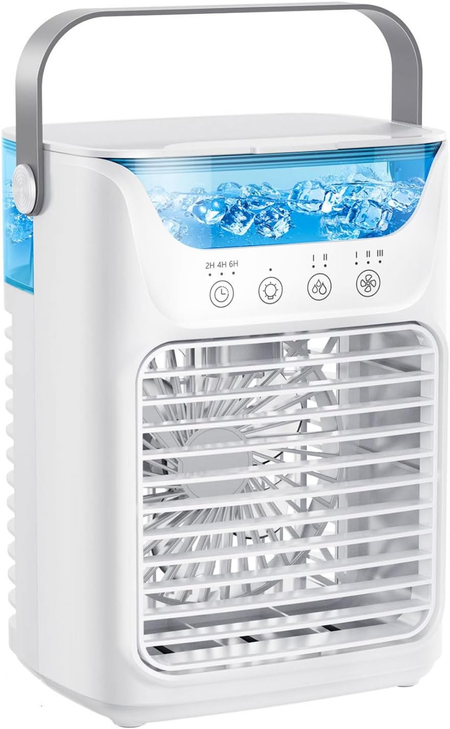 Mobiele airco Draagbare airconditionerventilator, watertank 700 ml, met 3 snelheden, 3 modi, 4-in-1 verdampingsbevochtiger, timer, nachtlampje