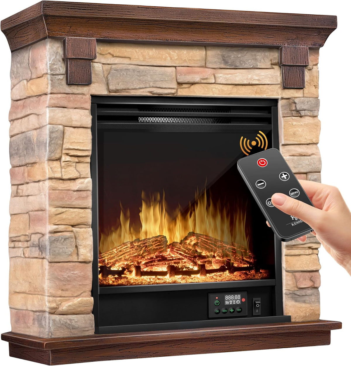 Kesser Elektrische haard ® open, met 1800 W vermogen, met 3D-vlameffect, timer, afstandsbediening, natuur/bruin, met verwarmingsfunctie, thermostaat