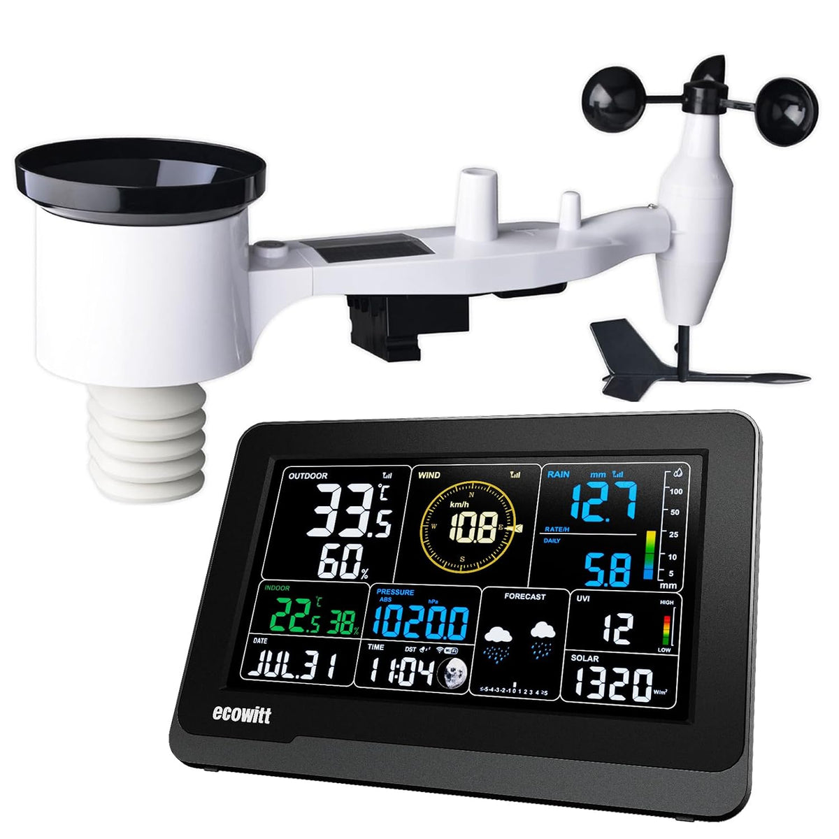 Ecowitt Weerstations Draadloos weerstation, met buitensensor WS3900, 7-in-1, 7,5 inch, 3-in-1 sensor, wifi, thuis LCD