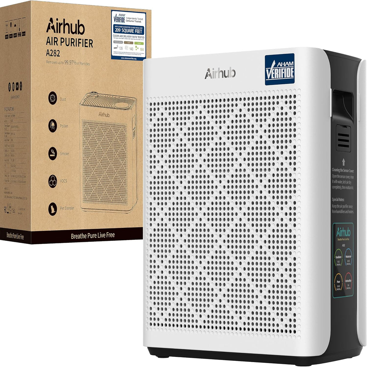 Luchtreiniger AirHub, stille modus 20 dB, dekt tot 30 m2, met HEPA-filter en actieve kool, met aromatherapie, dubbele ingang, zeer efficiënte reiniger