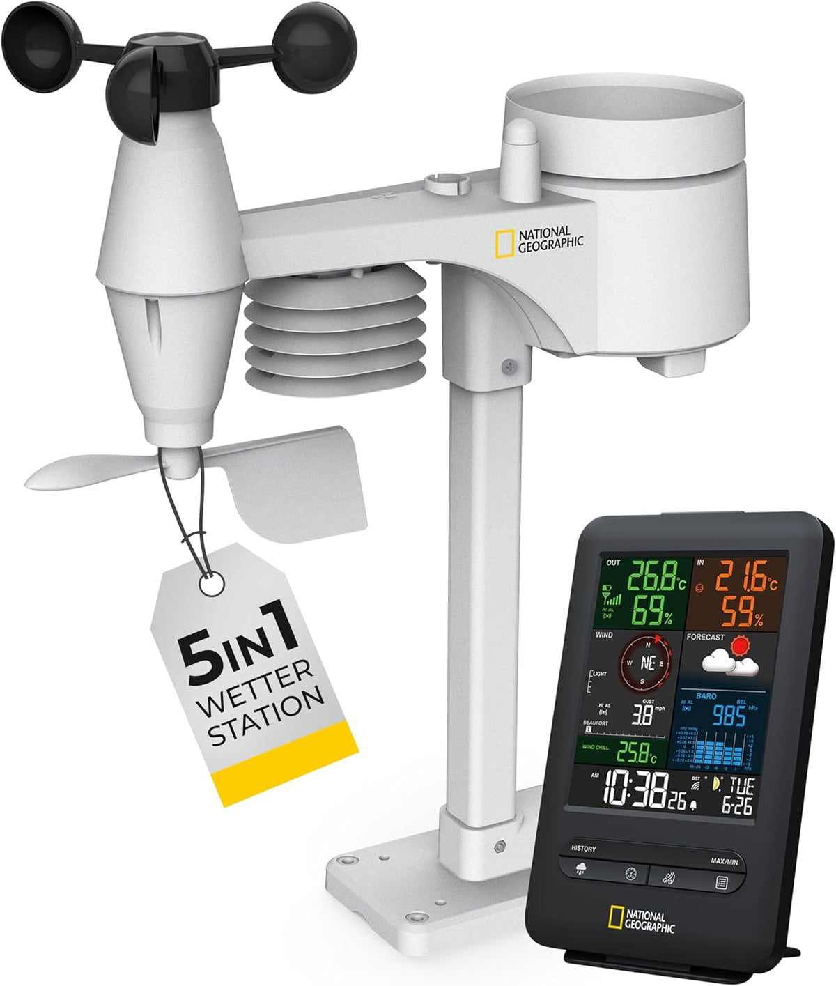 Weerstations National Geographic Draadloos weerstation, 5-in-1 kleur, zwart, met buitensensor, voor temperatuur, luchtvochtigheid, luchtdruk