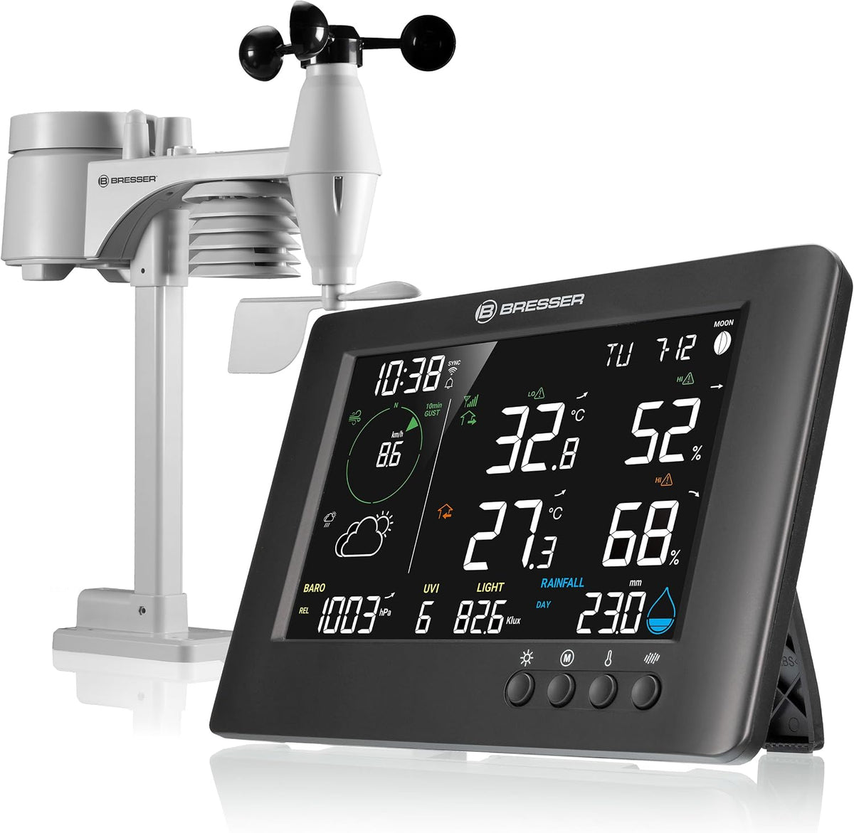 Weerstations Bresser WLAN 7-in-1 weerstation TB: uitgebreide gegevens, grafische voorspelling, multi-sensor, binnenklimaatbewaking, alarmfunctie