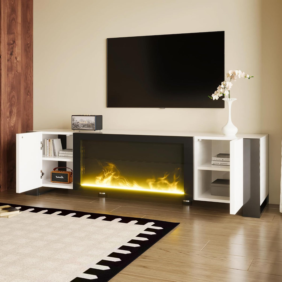 Elektrische haard Mielvu TV-kast, Lowboard, met elektrische haard, met vlameffect, geen verwarmingsfunctie, hoogglans, kleurrijke TV-kast